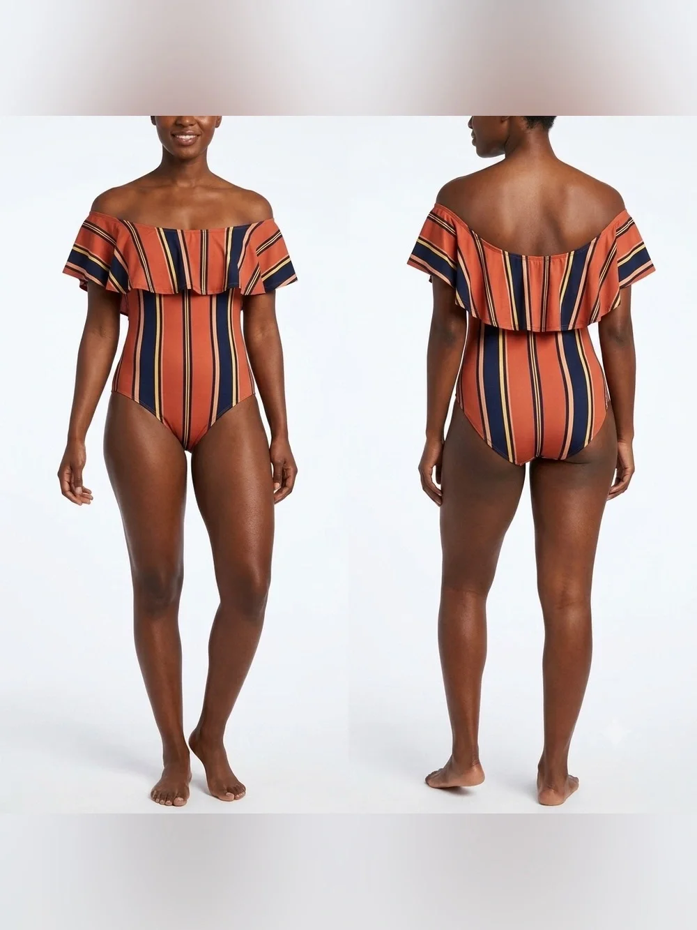 Ups & Bows Off-The-Shoulder Ruffle Vertical Stripe Bodysuit Medium